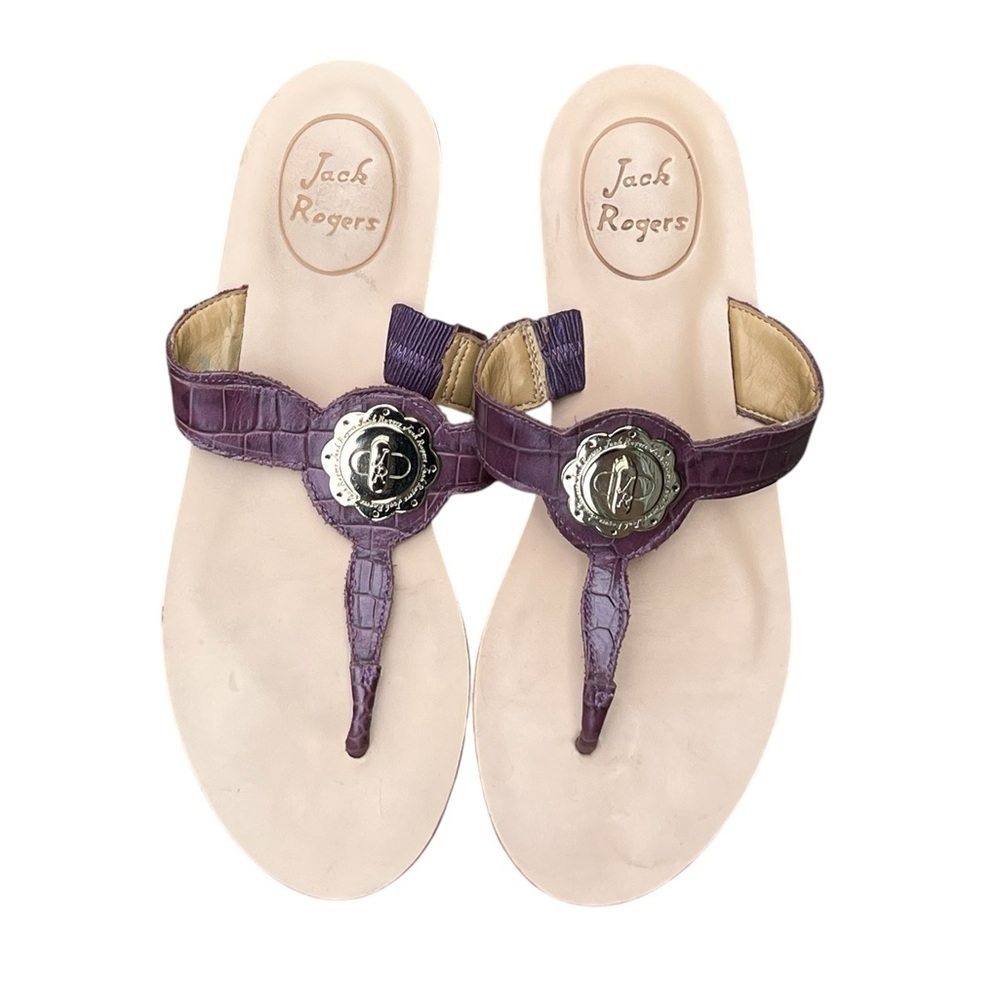 Jack Rogers Larissa purple crocodile print leather thong wedge sandals